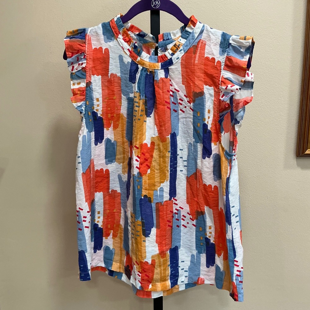 THML Top Ruffle Mock Neck LG Multicolor Abstract Brushstroke Sleeveless Blouse